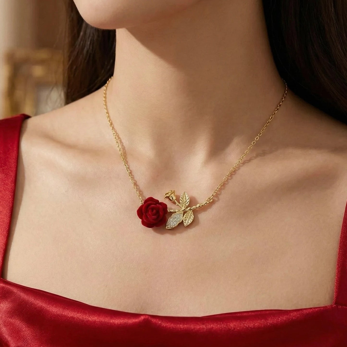 18KT Gold Plated Red Rose Gold Stem Pendant Necklace