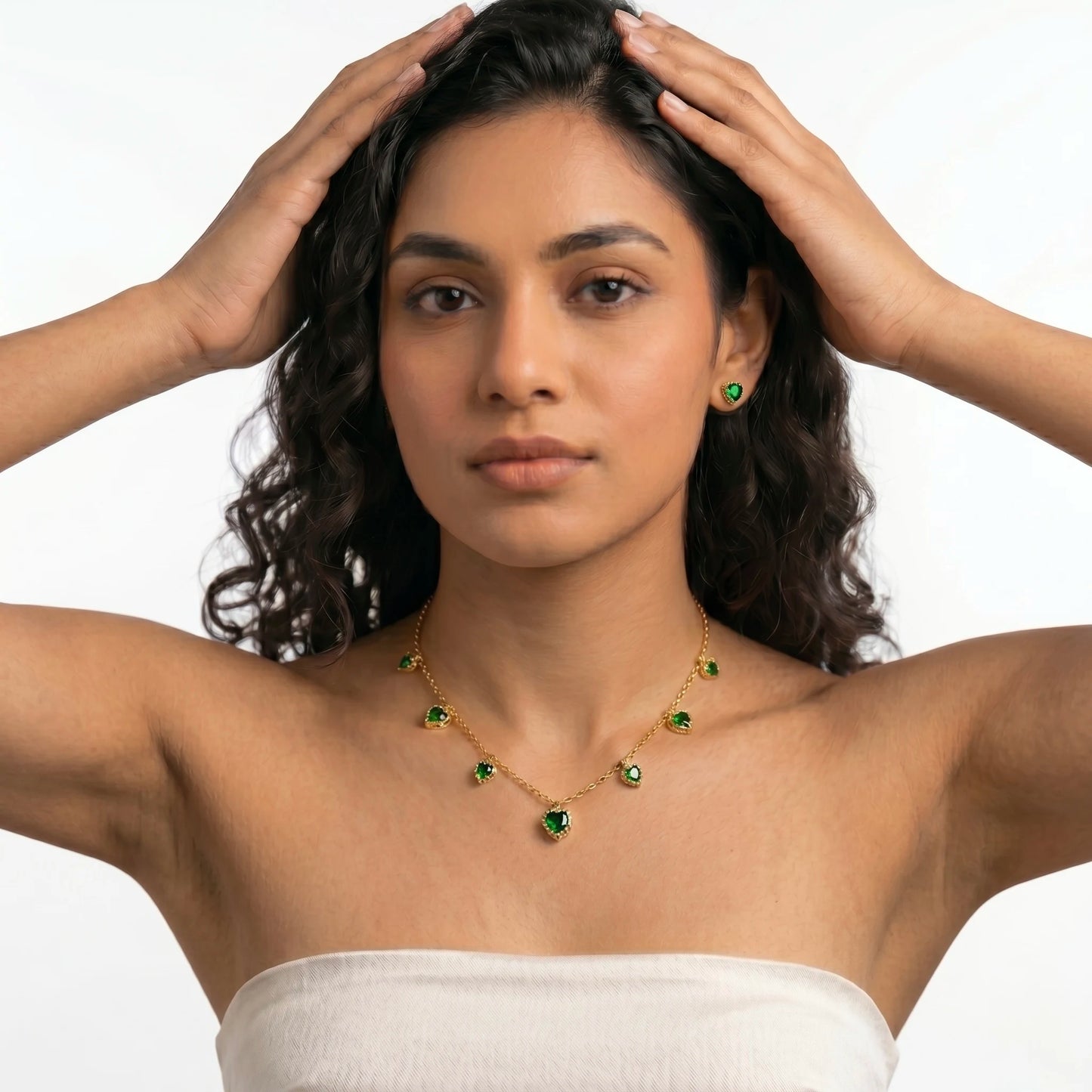 18Kt Gold Plated Green Stone Heart Necklace With Earrings