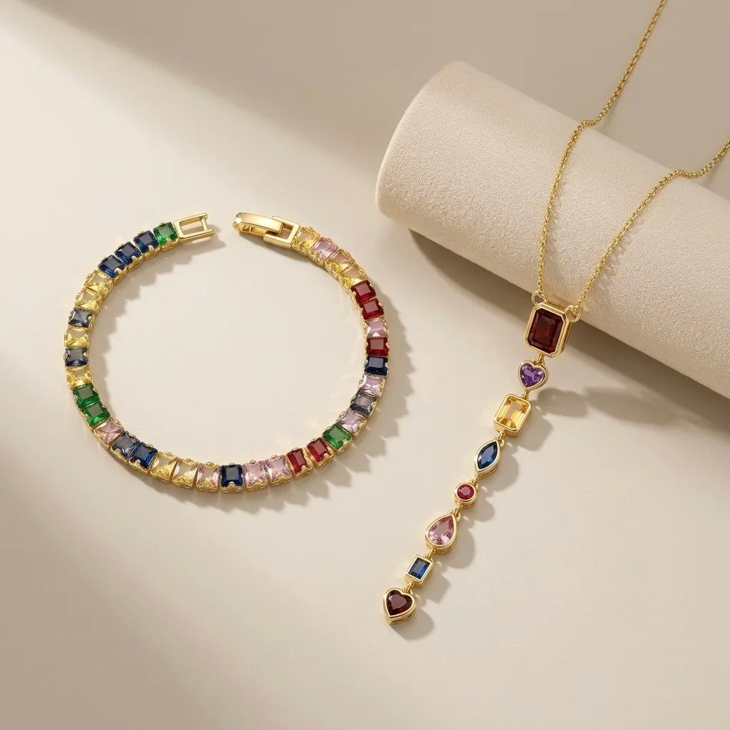 18Kt Gold Plated Multicolour Crystal Necklace & Tennis Bracelet Set