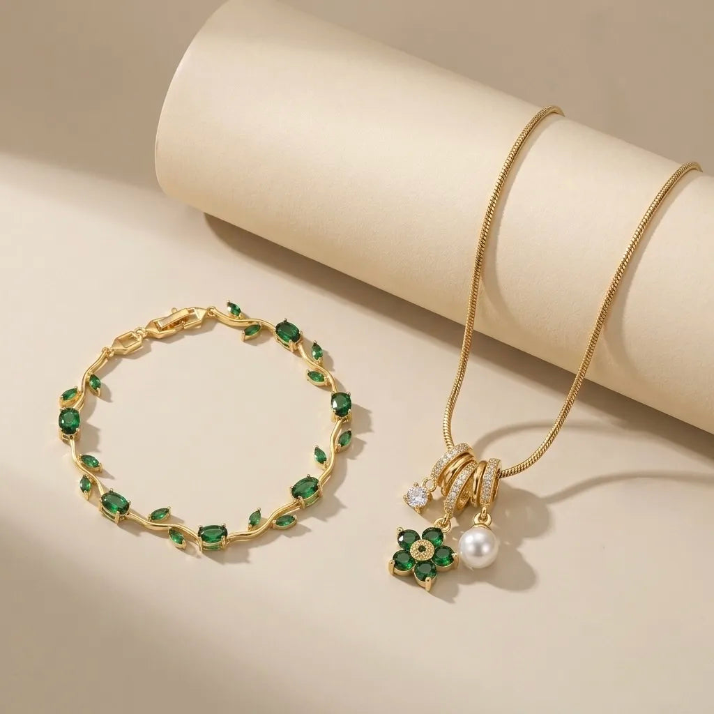 18Kt Gold Plated Green Tulip & Bloom Floral Jewellery Set