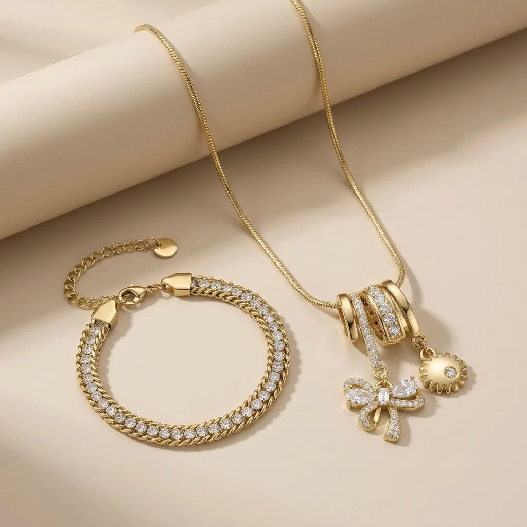 8Kt Gold Plated Bow Charm Necklace & Tennis Bracelet Set