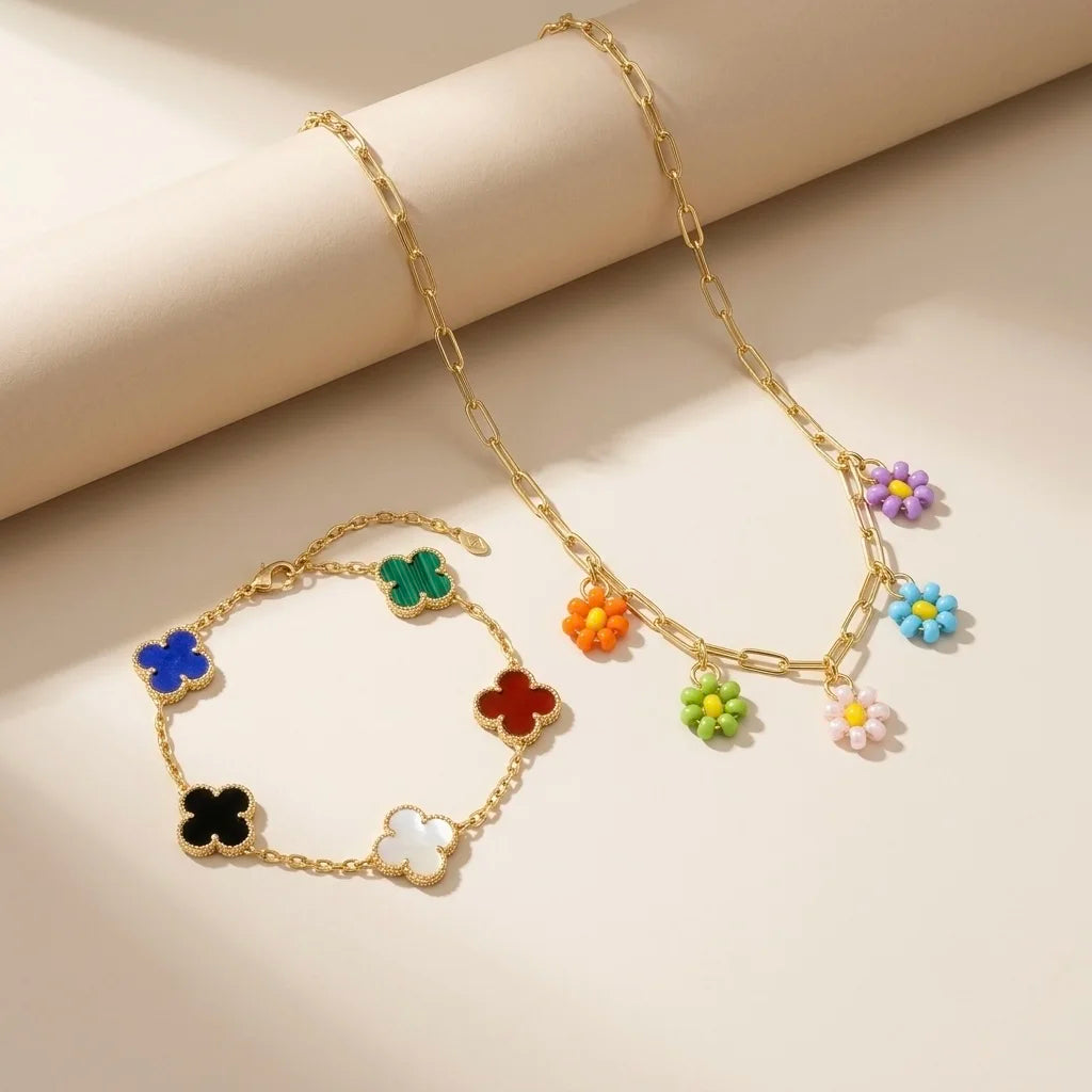 18Kt Gold Plated Colourful Floral Necklace & Clover Bracelet Set