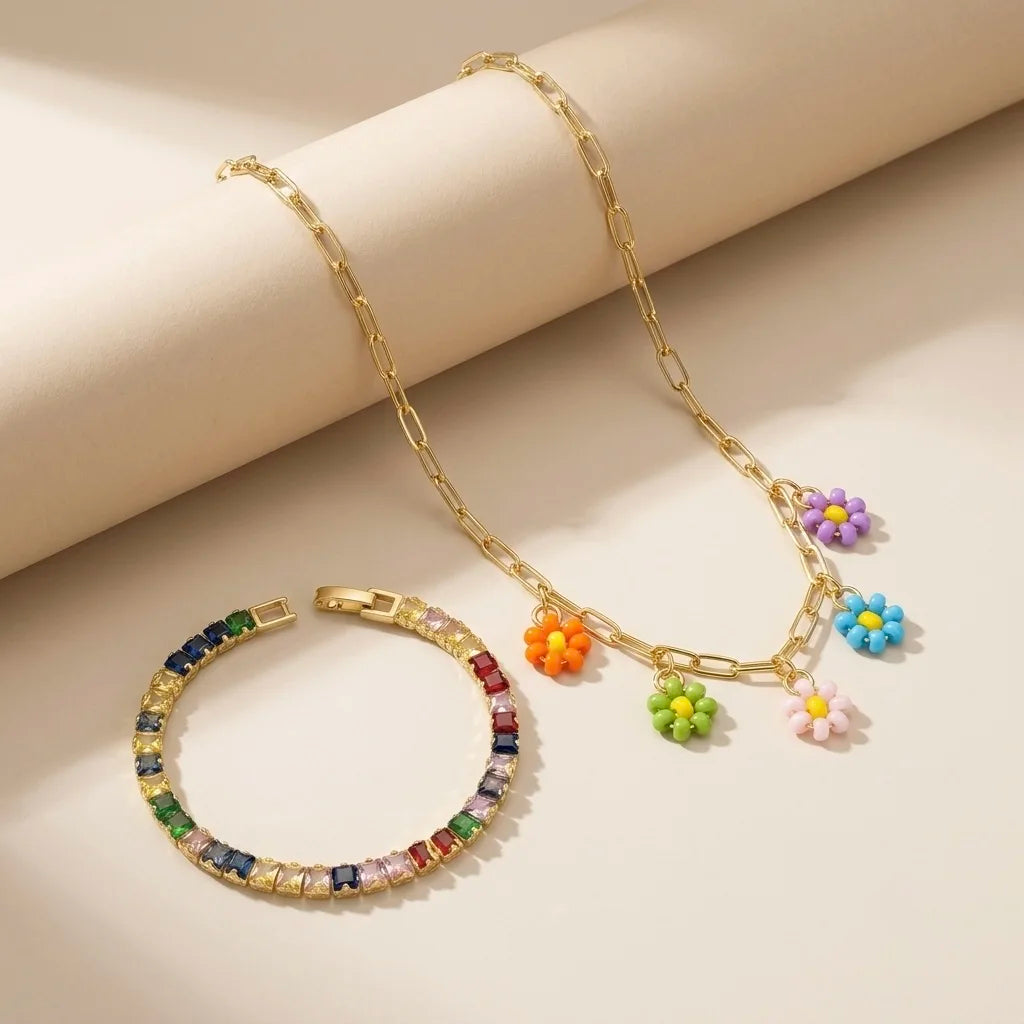 18Kt Gold Plated Multicolour Flower Necklace & tennis Bracelet Set