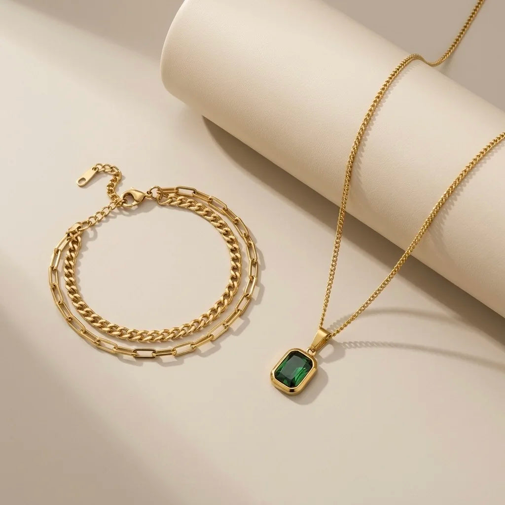 18Kt Gold Plated Emerald Green Pendant & Layer Chain Jewellery Set