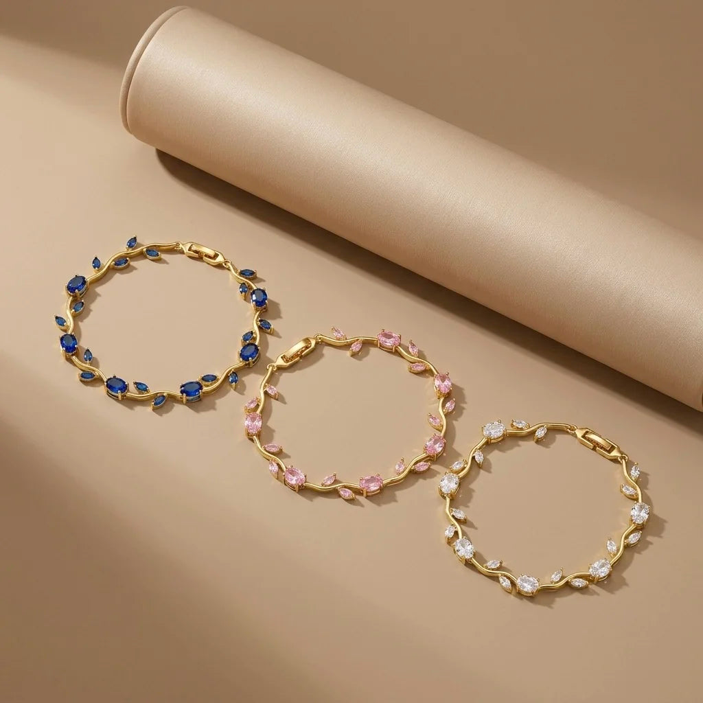 18Kt Gold Plated Blue Pink & White Tulip Bracelet Set