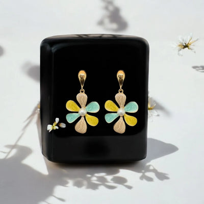 Cute Petal Drop Earrings – Enamel Finish with Pearl Touch
