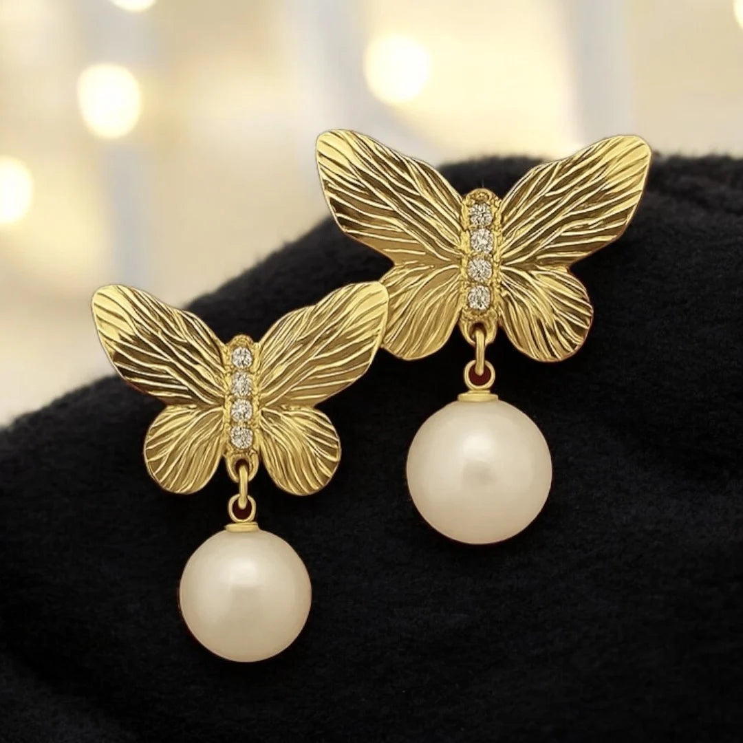 Pearl Drop Butterfly Earrings – 18K Gold Plated Anti-Tarnish