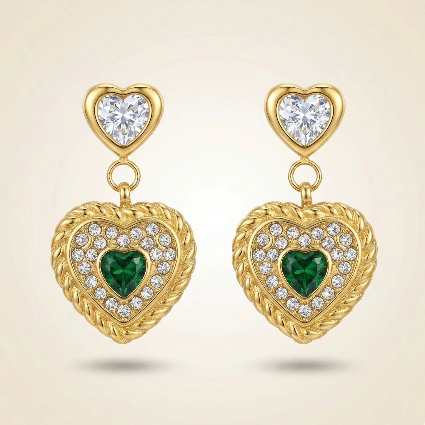 18KT Gold Plated Royal Green Heart Luxe Earrings