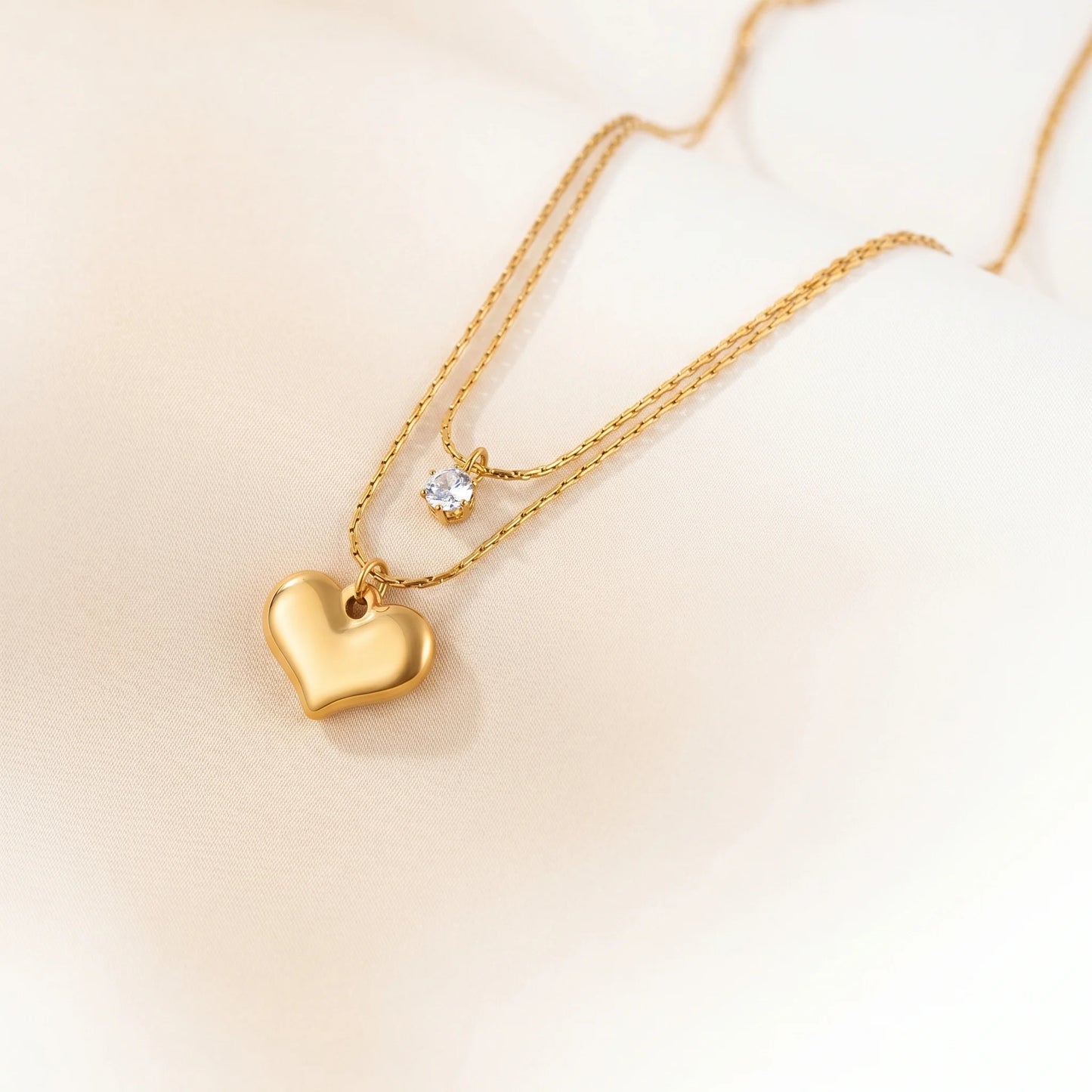 18Kt Gold Plated Heart & Solitaire Layered Necklace