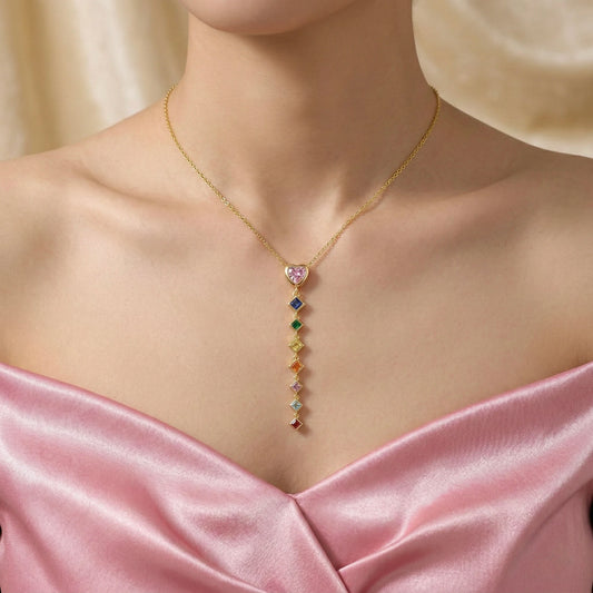 18Kt Gold Plated Multicolor Heart Drop Necklace