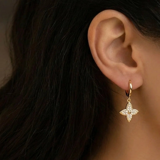 18KT Gold Plated Crystal Bloom Clover Earrings