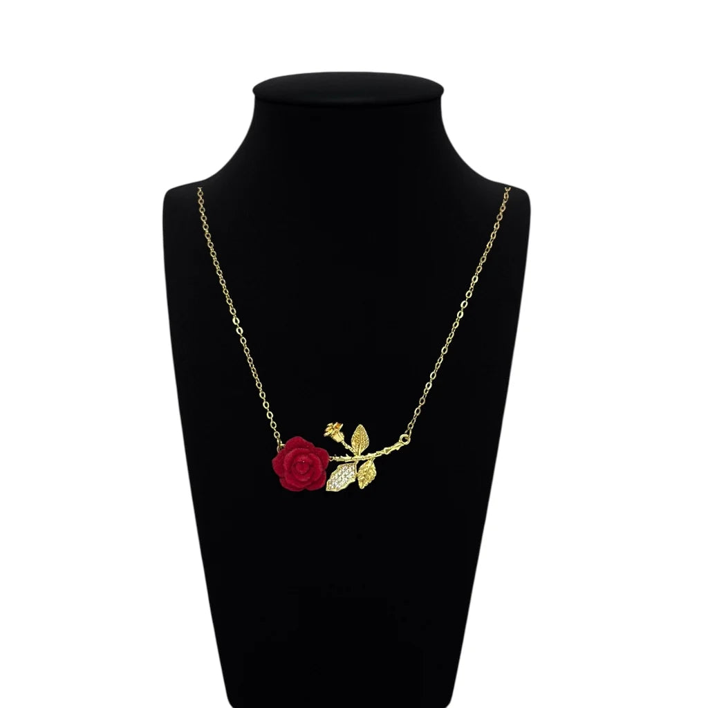 Red Rose Gold Stem Pendant Necklace