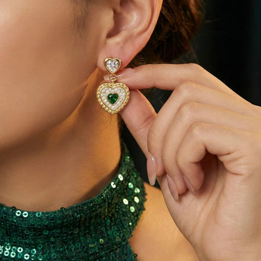 18KT Gold Plated Royal Green Heart Luxe Earrings