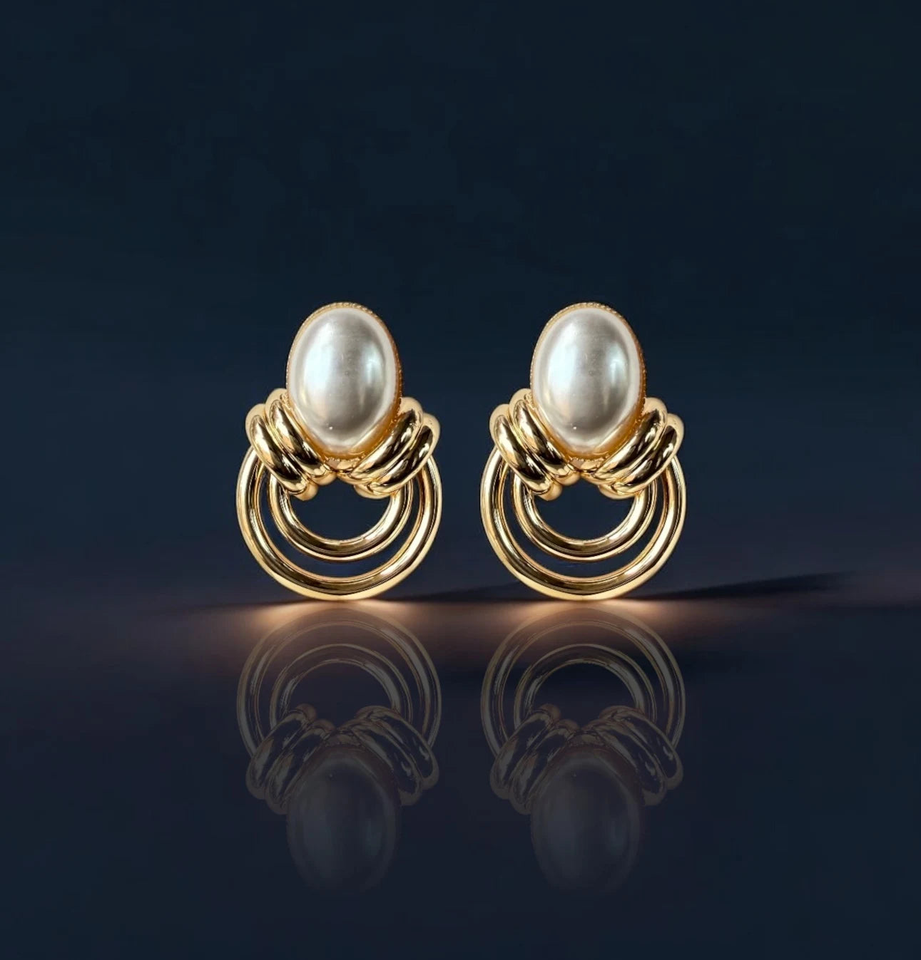 18KT Gold Plated Layered Loop Studs with Pearl Top – Anti-Tarnish Modern Classic