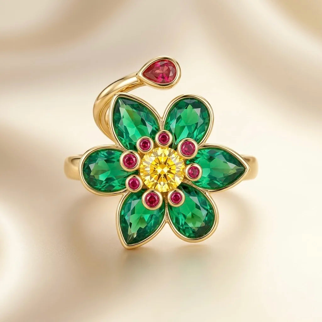 Adjustable, 18Kt Gold Plated Emerald Floral Cocktail Ring, Adjustable
