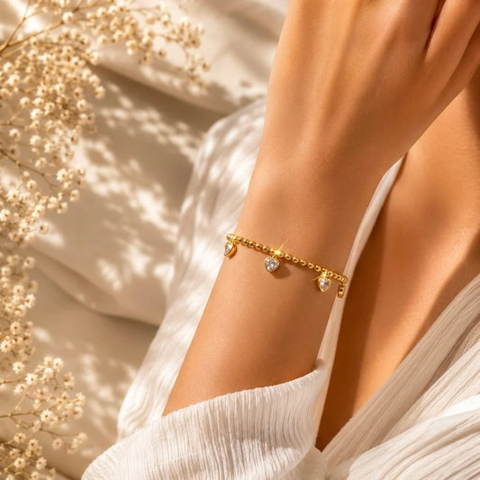 18Kt Gold Plated Crystal Heart Charm Beaded Bracelet