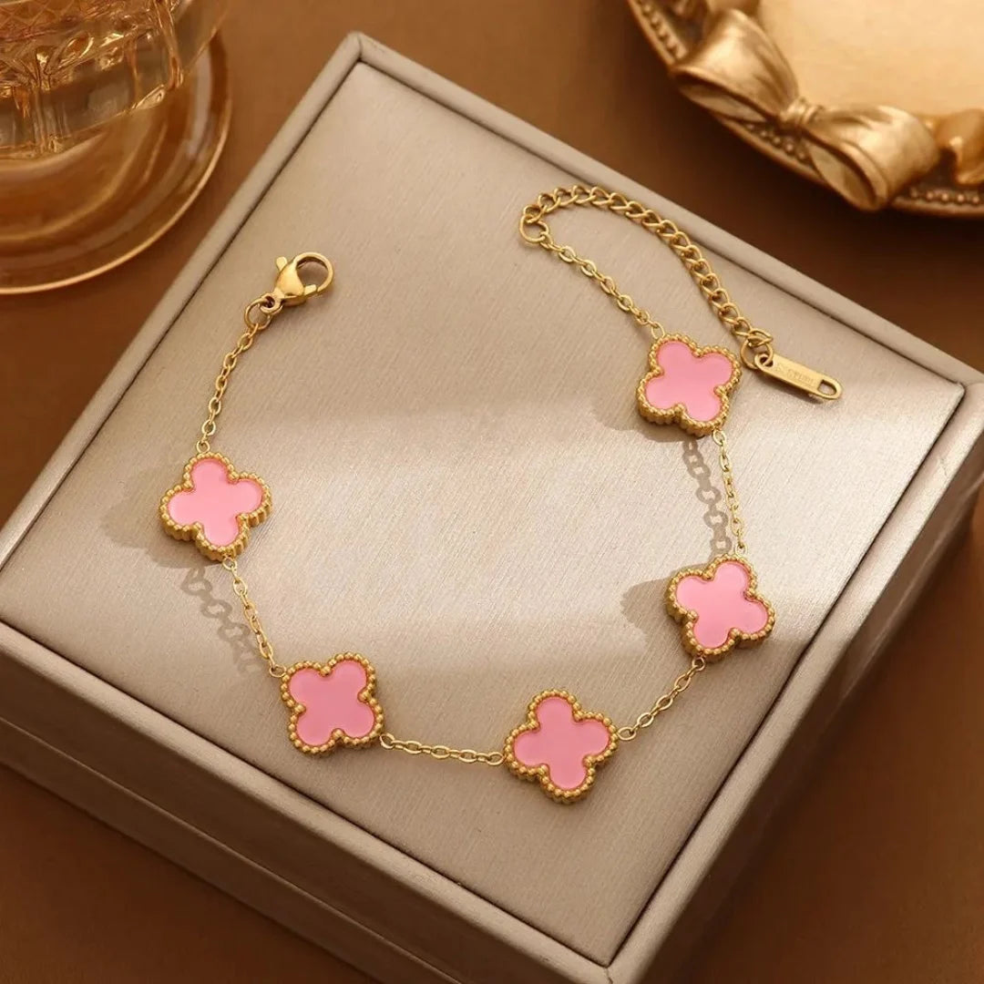 18KT Gold Plated Elegance Pink Clover Bracelet