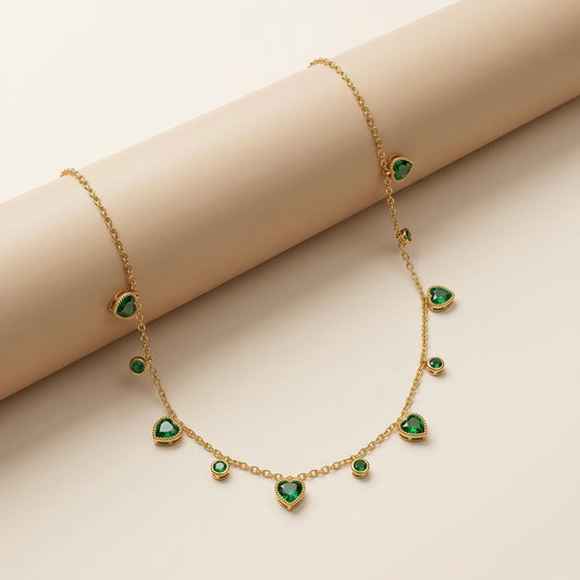 18Kt Gold Plated Green Stone Heart Necklace With Earrings
