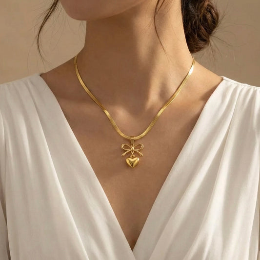 18KT Gold Plated Elegant Bow Heart Pendant Chain