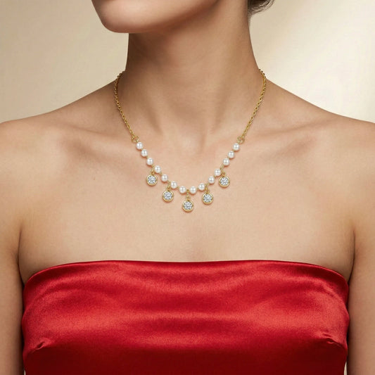 18Kt Gold Plated Pearl & CZ Drop Necklace