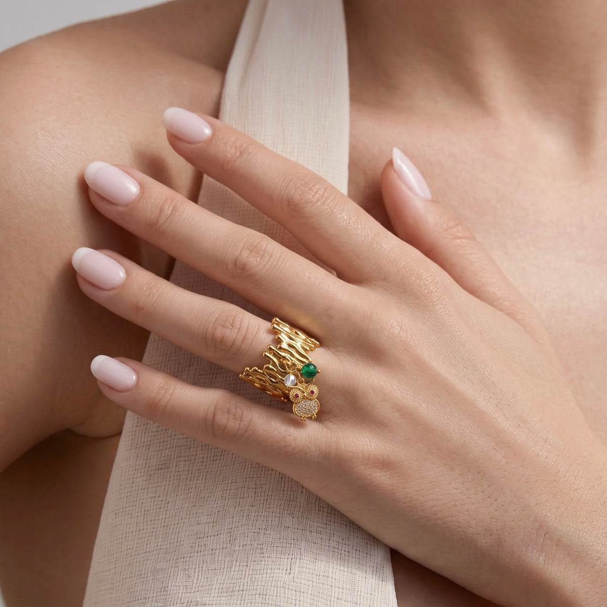 18Kt Gold Plated Textured Statement Adjustable Ring with Owl Charm