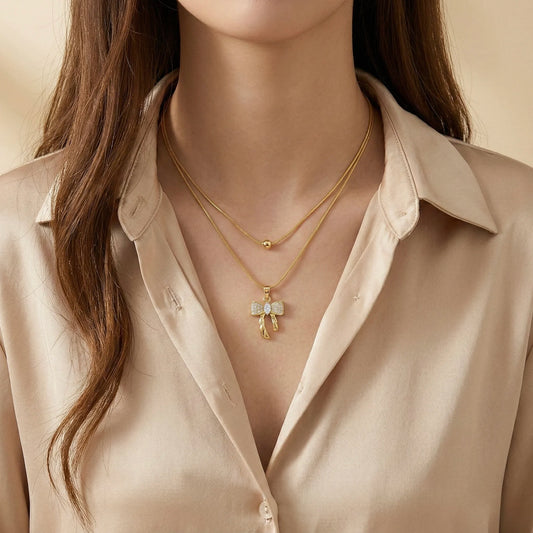 18Kt Gold Plated Double Layer Bow Pendant Necklace
