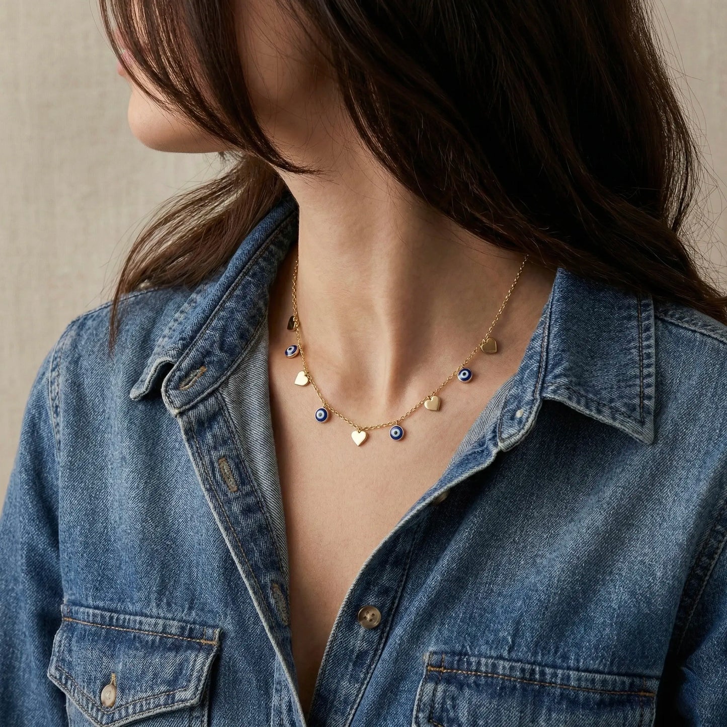 18Kt Gold Plated Evil Eye & Heart Charm Necklace