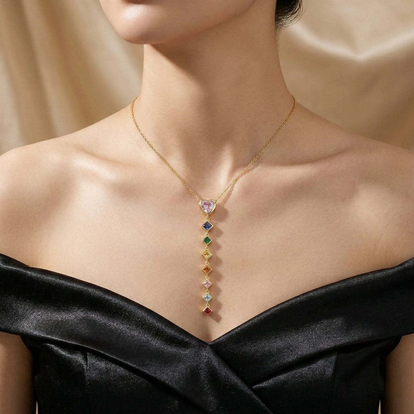 18Kt Gold Plated Multicolor Heart Drop Necklace