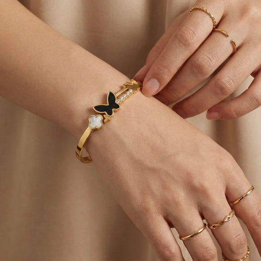 18KT Gold Plated Butterfly Clover Charm Bangle Bracelet