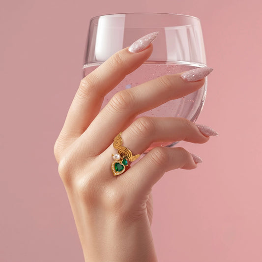 18Kt Gold Plated Emerald Green Heart Charm Adjustable Ring