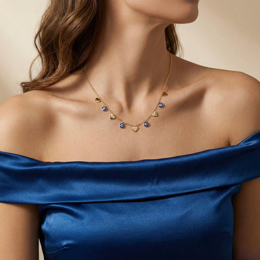 18Kt Gold Plated Evil Eye & Heart Charm Necklace