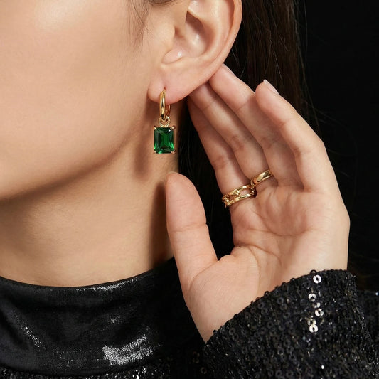 18KT Gold Plated Regal Green Emerald Rectangle Earrings