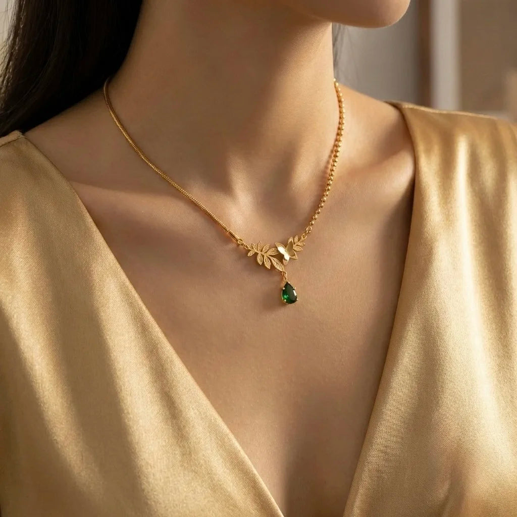 18Kt Gold Plated Butterfly & Leaf Drop Necklace