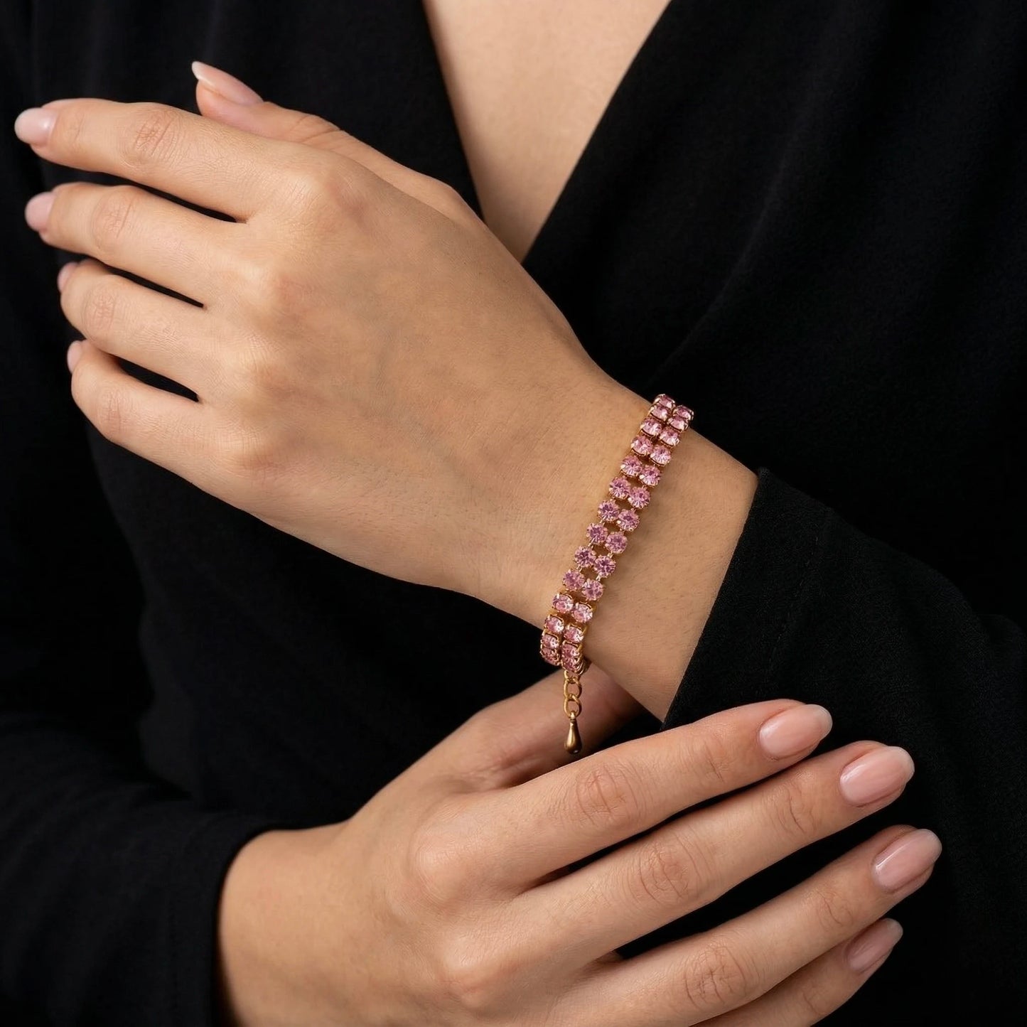 18Kt Gold Plated Pink Crystal Tennis Bracelet