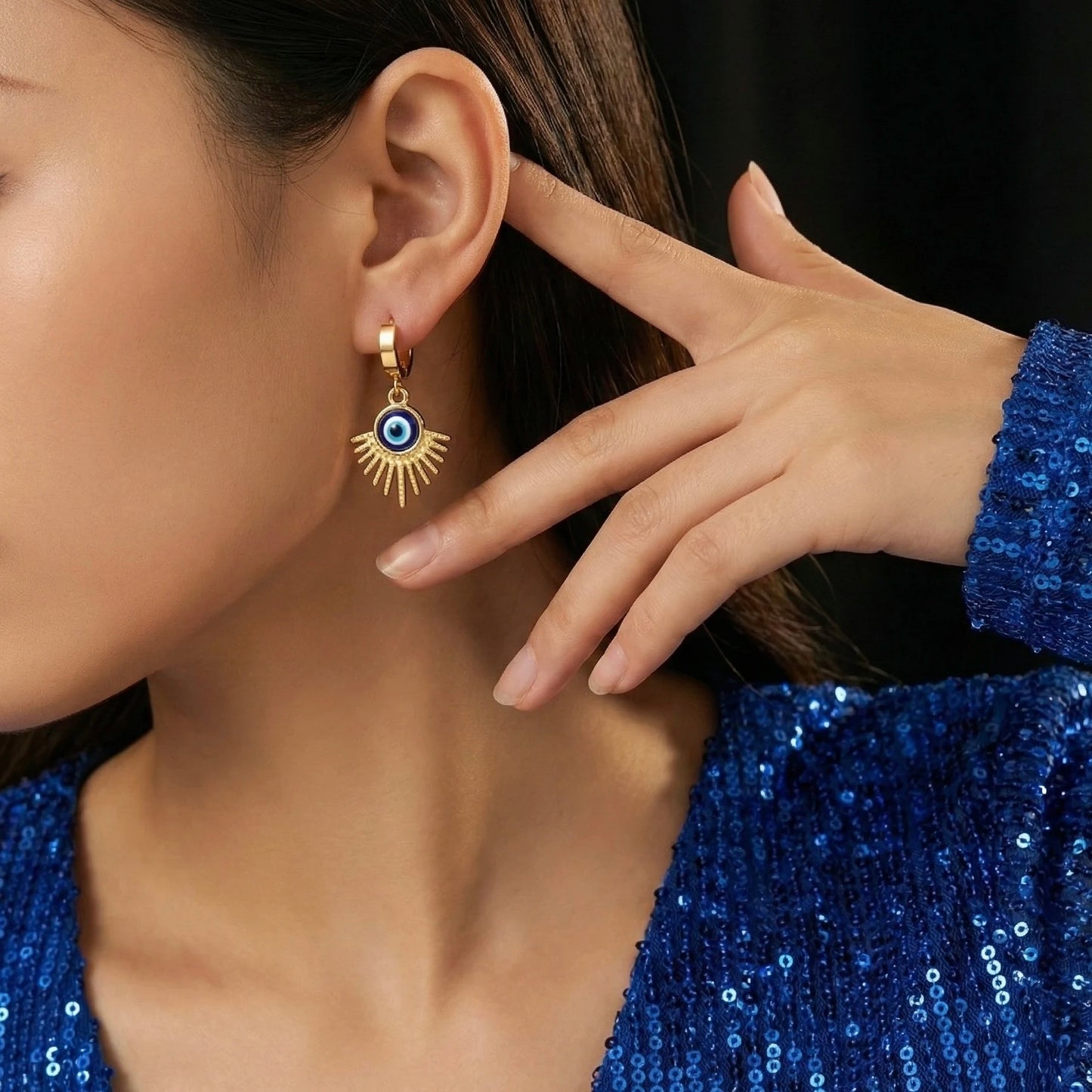 18KT Gold Plated Blue Evil Eye Charm Earrings