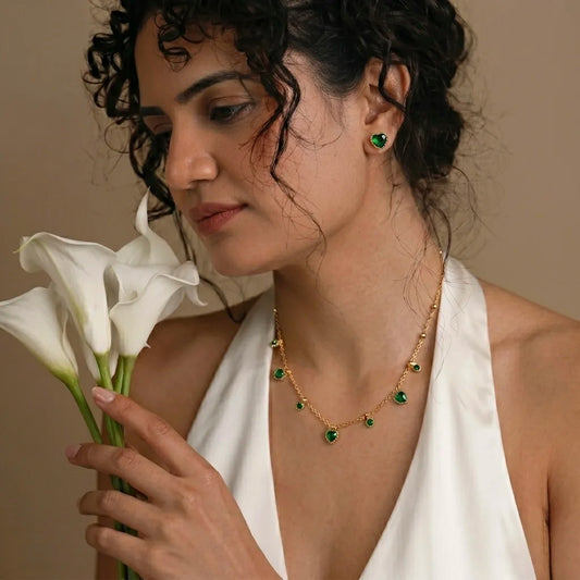 18Kt Gold Plated Green Stone Heart Necklace With Earrings