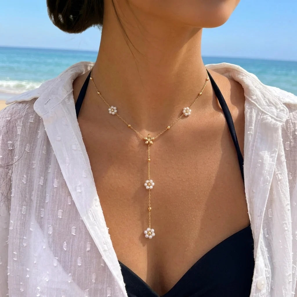 18Kt Gold Plated Floral Pearl Drop Necklace