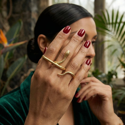 Adjustable, 18Kt Gold Plated three finger snake Wrap Ring stack