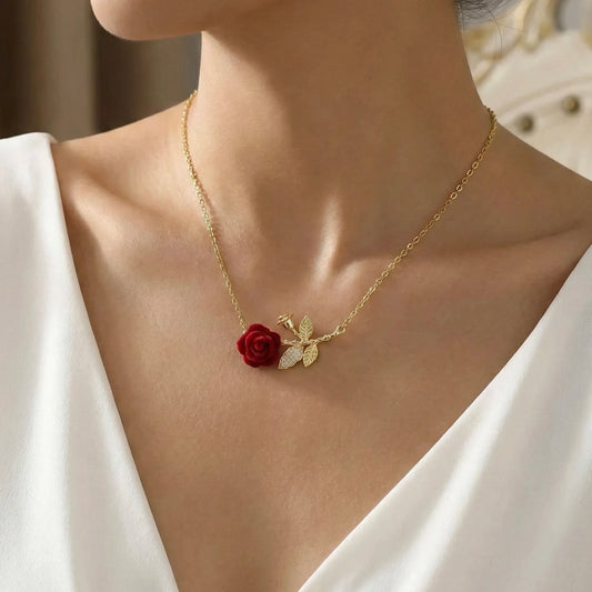18KT Gold Plated Red Rose Gold Stem Pendant Necklace