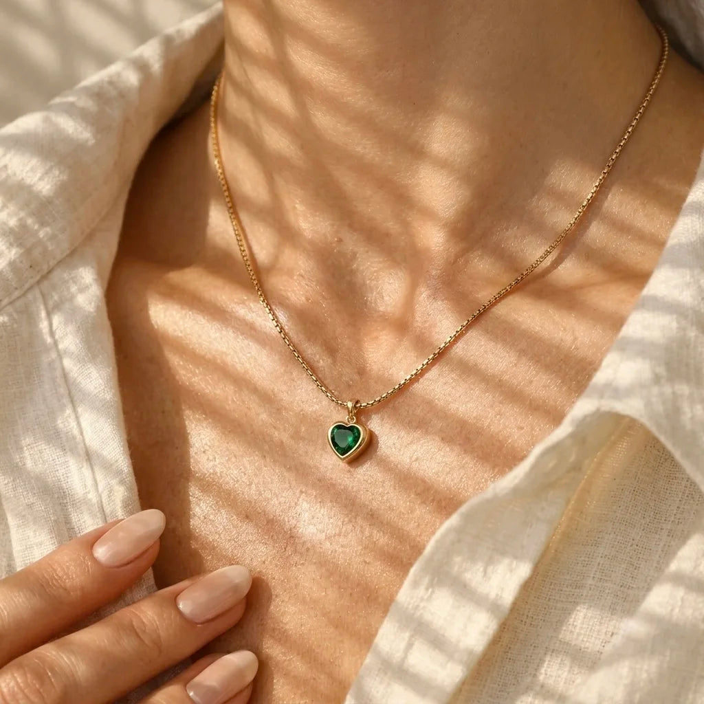 18Kt Gold Plated Heart Shaped Green Stone Necklace