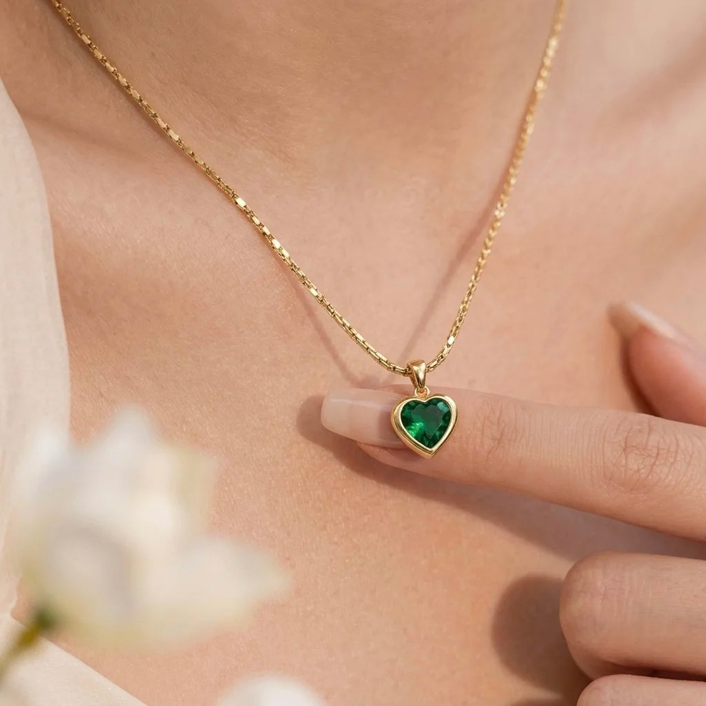 18Kt Gold Plated Heart Shaped Green Stone Necklace