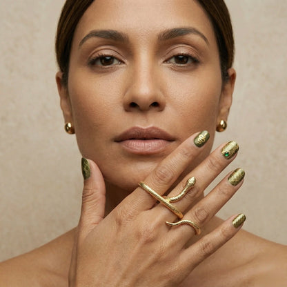 Adjustable, 18Kt Gold Plated three finger snake Wrap Ring stack