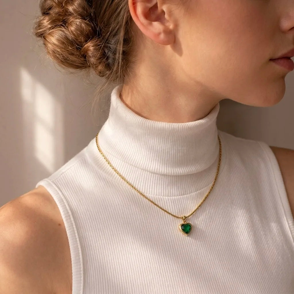 18Kt Gold Plated Heart Shaped Green Stone Necklace