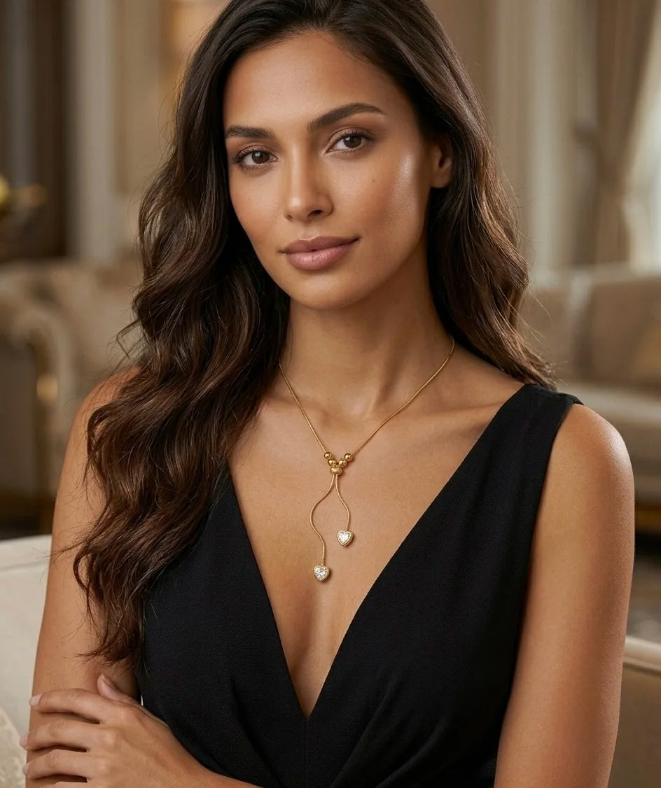 18Kt Gold Plated Crystal Heart Adjustable Y Necklace