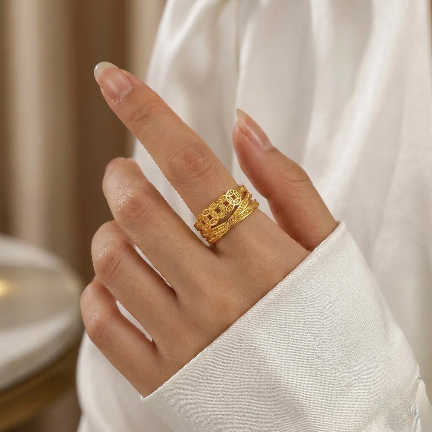 Adjustable, 18Kt Gold Plated Elegant Patterned Adjustable Ring