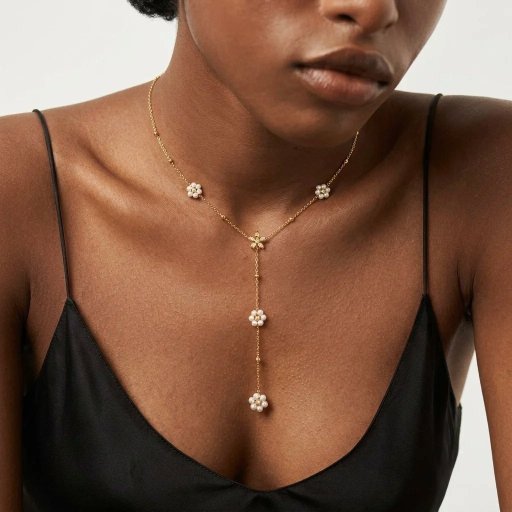 18Kt Gold Plated Floral Pearl Drop Necklace