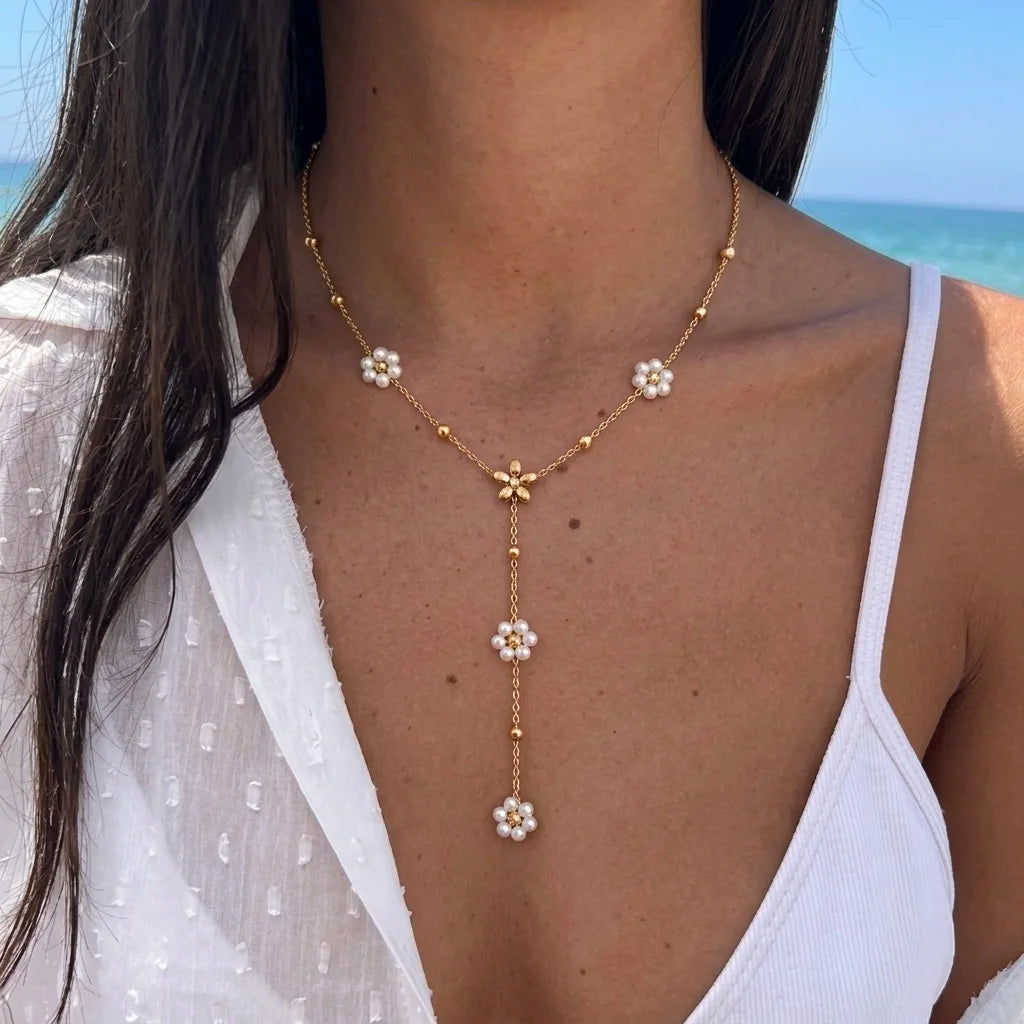 18Kt Gold Plated Floral Pearl Drop Necklace