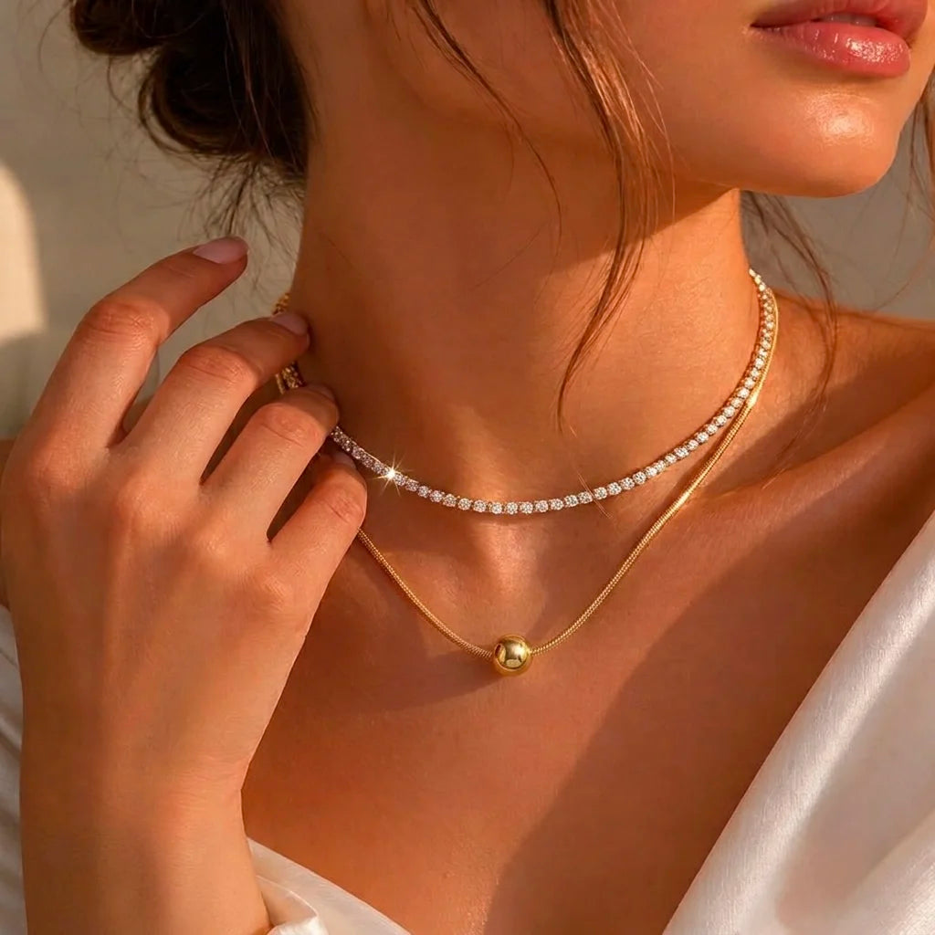 18Kt Gold Plated CZ Tennis & Ball Pendant Necklace