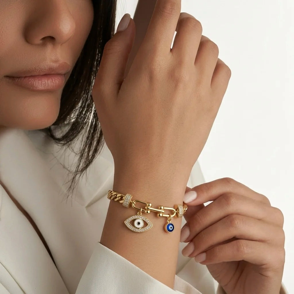 18Kt Gold Plated Evil Eye Link Bracelet