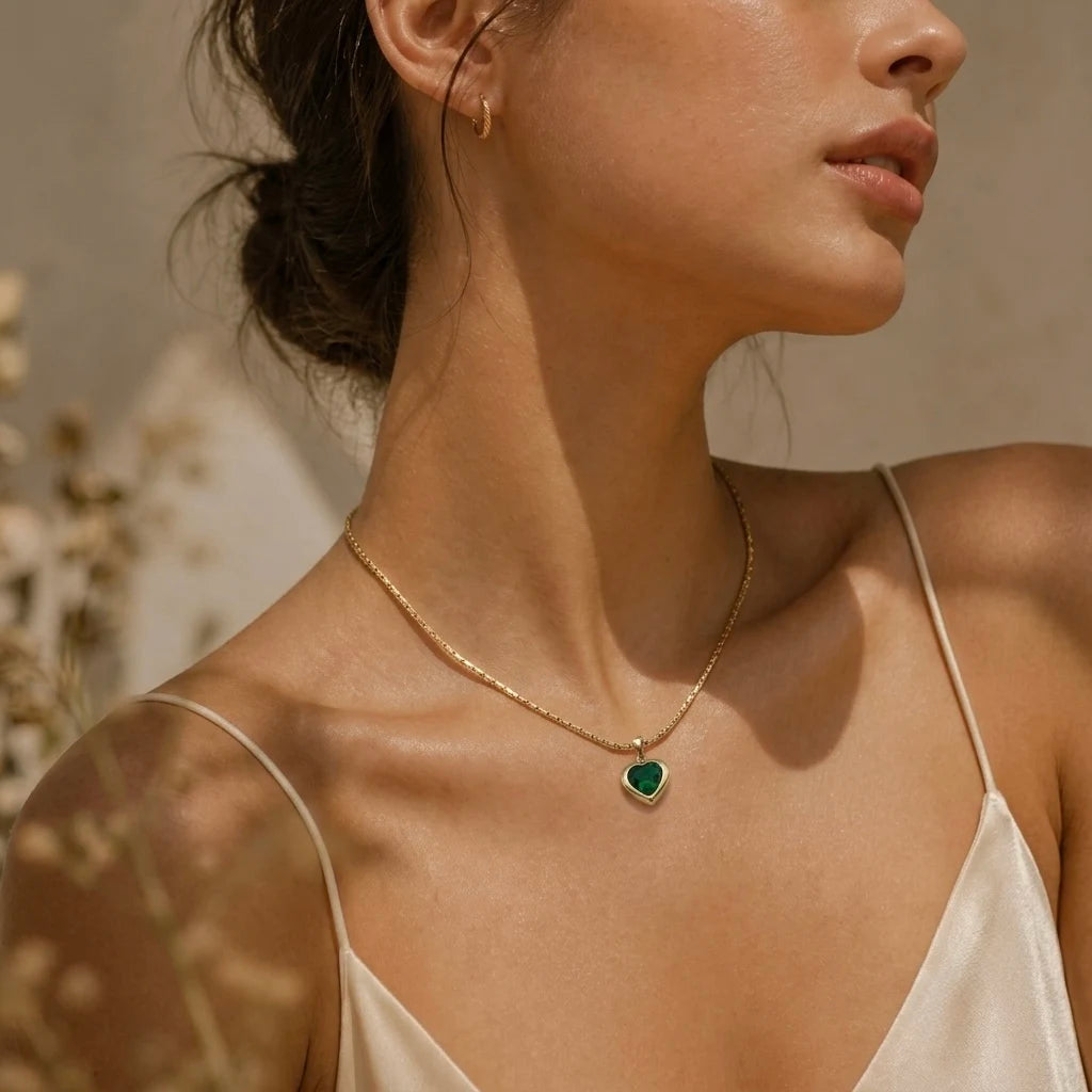 18Kt Gold Plated Heart Shaped Green Stone Necklace